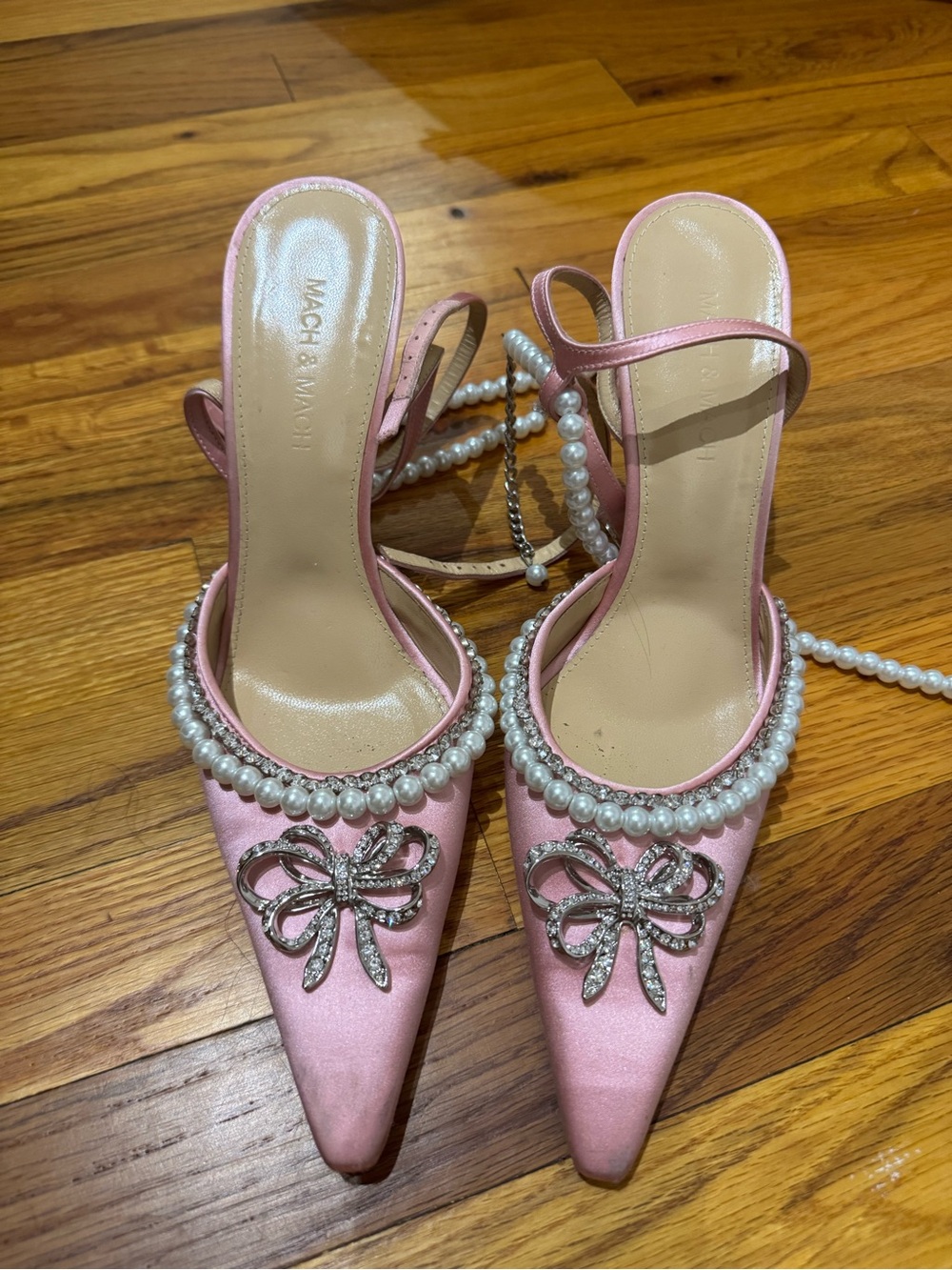 MACH & MACH Pink Satin Pearl-Trimmed Pointed Slingback Heels with Crystal Bows